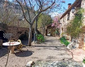 a stone pathway with a bench and a tree at Miramar in Montblanc