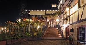 a set of stairs leading to a building at night at Hotel Restaurant Paradeismühle in Klingenberg am Main