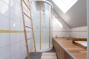 a attic bathroom with a shower and a tub at La Longère d'Arzoù Chambres D'hôtes in Baden +28 photos