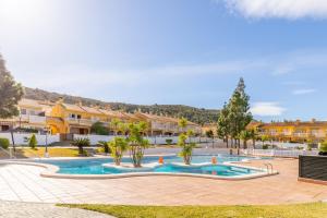 a swimming pool with palm trees in a courtyard at Sol y Sombra in El Campello