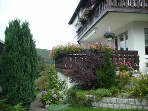 a house with a balcony with flowers on it at Ferienwohnung Waltraud in Brilon