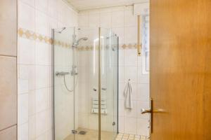 a shower with a glass door in a bathroom at Marisa's Sauerlandträumchen in Brilon +16 photos