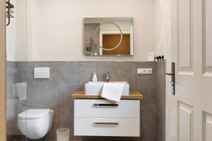 a bathroom with a white sink and a mirror at Bio Bausewein - No.1 Apartment in Iphofen +19 photos