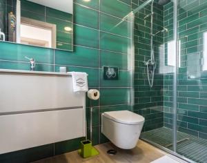 a green bathroom with a toilet and a shower at Casa da Madou in Setúbal +16 photos