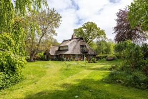 an old house with a thatched roof in a field at Reetdachhaus Bischoff in Kuden