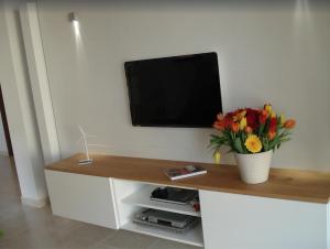 a tv on a wall with a vase of flowers at Apartamento Llenaire in Pollença +6 photos