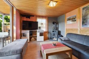 a living room with a couch and a tv at Ferienhaus 249 - Haus Seeblick in Zadelsdorf