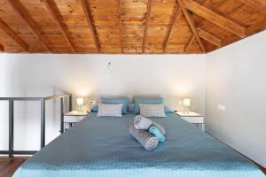 a bedroom with a large bed with blue pillows at Casa La Plaza in El Paso +27 photos