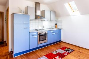 a kitchen with blue cabinets and a stove at Elstar in Stockach