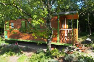 a tiny house is sitting in a tree at Roulotte De Cabrières in Compeyre