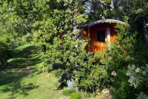 a small cabin in the middle of a garden at Roulotte De Cabrières in Compeyre +8 photos