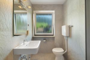 a bathroom with a sink and a toilet and a mirror at Premium App Hofer Monika in Villabassa +26 photos
