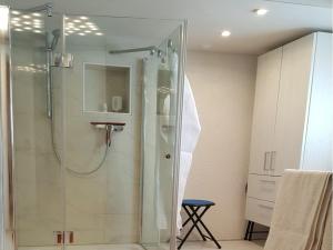 a shower with a glass door in a bathroom at Gästezimmer Jülich mit Küche in Weil am Rhein