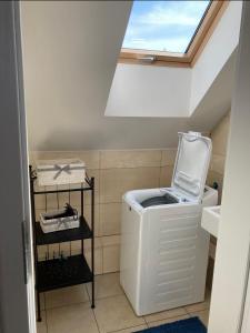 a washing machine in a bathroom with a skylight at Mazurska Oaza in Pisz
