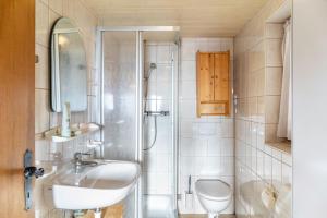 a bathroom with a shower and a sink and a toilet at Sonnenhütte Wildschönau Obergeschoß in Grafenweg
