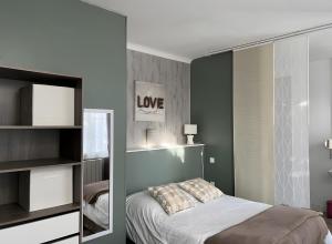 a small bedroom with a bed and a mirror at Gite des Coteaux Pmr in Sainte-Maure-de-Touraine +15 photos