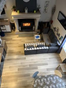 a living room with a couch and a fireplace at Gite des Coteaux Pmr in Sainte-Maure-de-Touraine