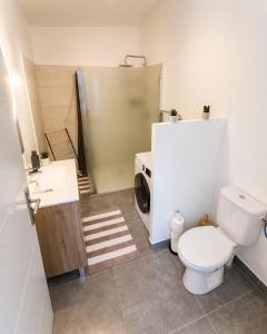 a bathroom with a toilet and a sink and a washing machine at Appartement Andance in Andance