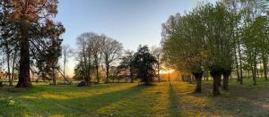 a park with trees in a field with the sun setting at Le Chalêt La Neverdiere in Ygrande