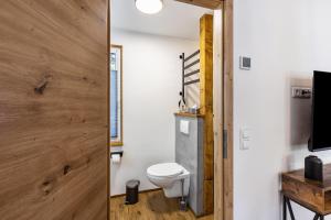 a bathroom with a toilet and a tv at Ferienhaus Stauseeblick in Kelbra +19 photos