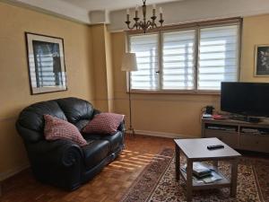a living room with a black leather couch and a television at Maison de Jeanne in Eschau