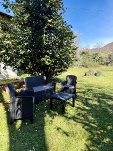 a group of chairs and a table in the grass at Luna - Apartment by the beach in Lesa