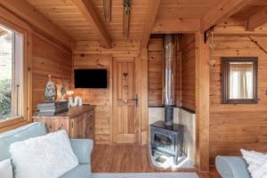 a living room with a stove in a log cabin at Chalet cosy avec mezzanine in Verchaix