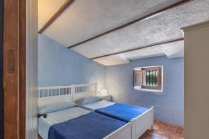 a bedroom with a bed with a blue wall at Can Marc in Dosríus