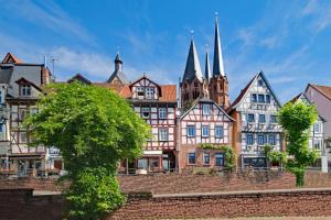 a group of buildings in a town with a church at Ferienwohnung Storchenaue in Wächtersbach