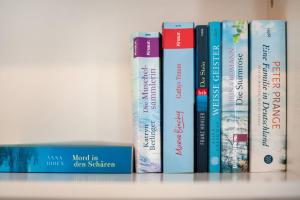 a row of books sitting on a shelf at Möve Aba Bungalow 63 in Rerik