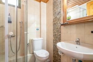 a bathroom with a toilet and a sink and a shower at Nontas Home 27 in Kalamitsi +19 photos