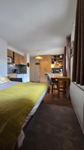 a bedroom with a green bed and a table at Studio Edelweiss proche Megeve in Flumet