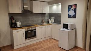 a kitchen with white cabinets and a microwave at Ferienwohnung Burgstraße in Fuldatal +2 photos