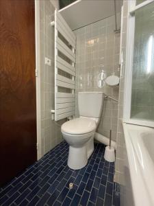 a bathroom with a toilet and a blue tile floor at Brelin - Combes in Les Menuires