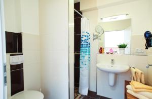 a bathroom with a toilet sink and a shower at Ferienwohnung auf Ferienhof Janssen in Wangerland