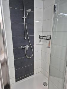 a bathroom with a shower with a glass door at Neu 4 Zi Kü Bad Coll-mar in Neunkirchen