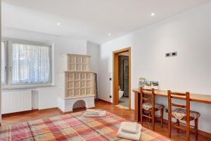 a living room with a table and chairs and a fireplace at Casa Colìn in Bresimo