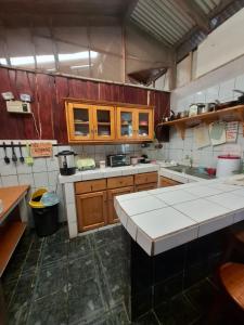a large kitchen with wooden cabinets and a counter top at Hotel Lucy in Montezuma