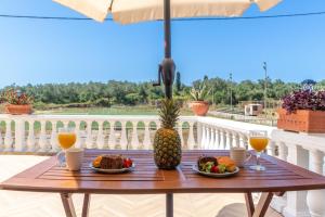 a table with a pineapple and plates of food on a balcony at Maestro Apartment in Gaios