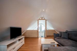 ein Wohnzimmer mit Sofa und Fernseher in der Unterkunft Ferienhaus Tiny Time in Krumbach