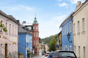 a street in a town with blue and white buildings at Fichtel7 in Wunsiedel