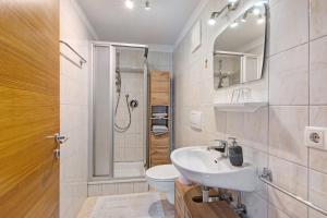 a bathroom with a sink and a toilet and a shower at Bauernhof Sackgut in Ciardes +101 photos