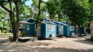 a blue house with a table and an umbrella at Tiny House Nr 2 in Schwielowsee