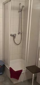 a shower with a red chair in a bathroom at Ferienwohnungen am Louisenteich in Frauendorf