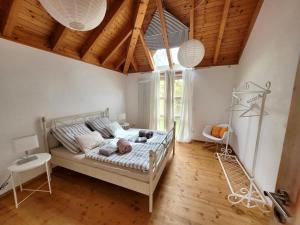 a bedroom with a bed with a dog laying on it at lichtdurchflutetes Architektenhaus in Balingen