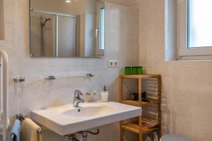a bathroom with a sink and a mirror at Silbernagl sonnig mit Gartenblick in Issengo +14 photos