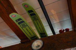 two green skis on a wall next to a counter at Maison Plage Verger Cancale in Cancale