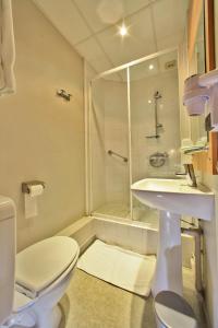 ein Badezimmer mit Toilette, Waschbecken und Dusche in der Unterkunft Logis Hôtel Le Lion d'Or in Chauvigny