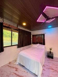 a bedroom with a large bed with a purple light at Gawkari Hillside Agroturism in Satara