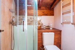 a bathroom with a toilet and a glass shower at La Cantina in Villar de Corneja +29 photos